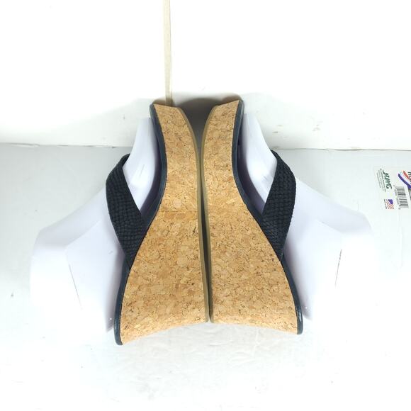 UGG Women's Natassia US8 Black Leather SlipOn Cork Wedge Platform Thong Sandals - Picture 11 of 15